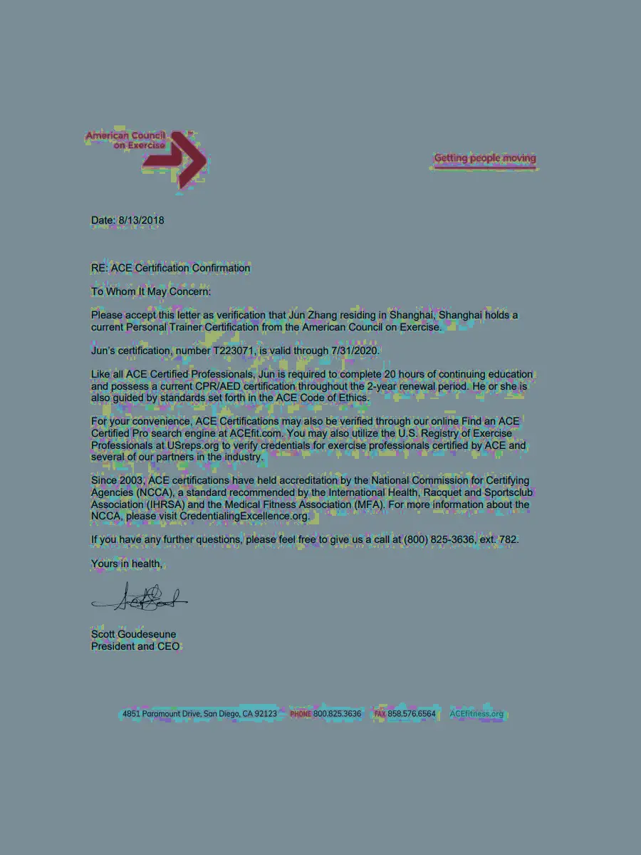 ACE certification confirmation