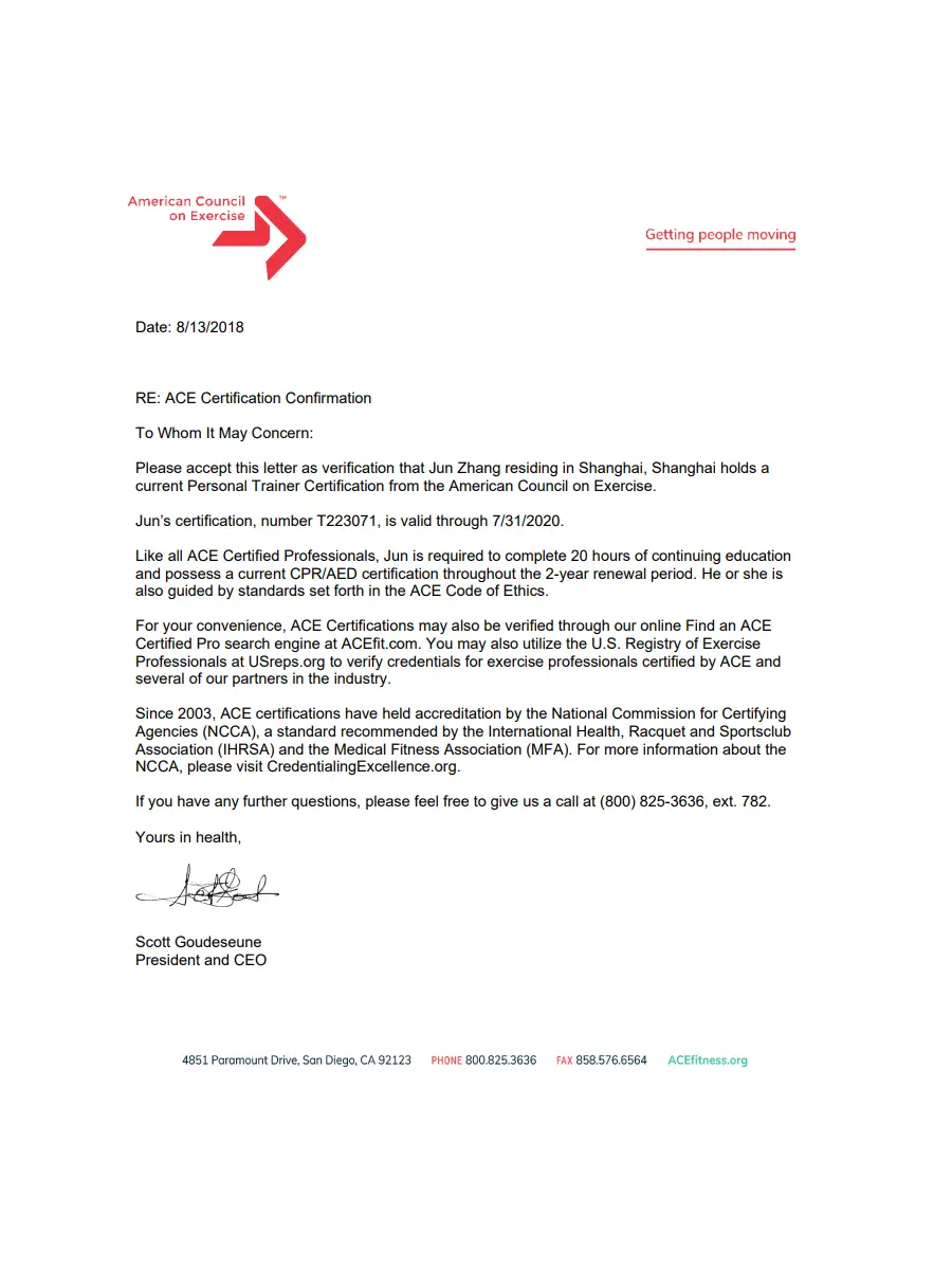 American Council on Exercise letter confirming Jun Zhang's ACE Personal Trainer credential