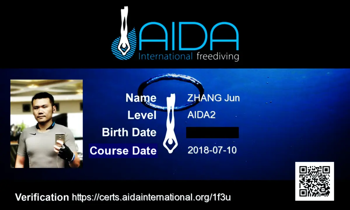 AIDA2 freediving certification card issued to Jun Zhang by AIDA International