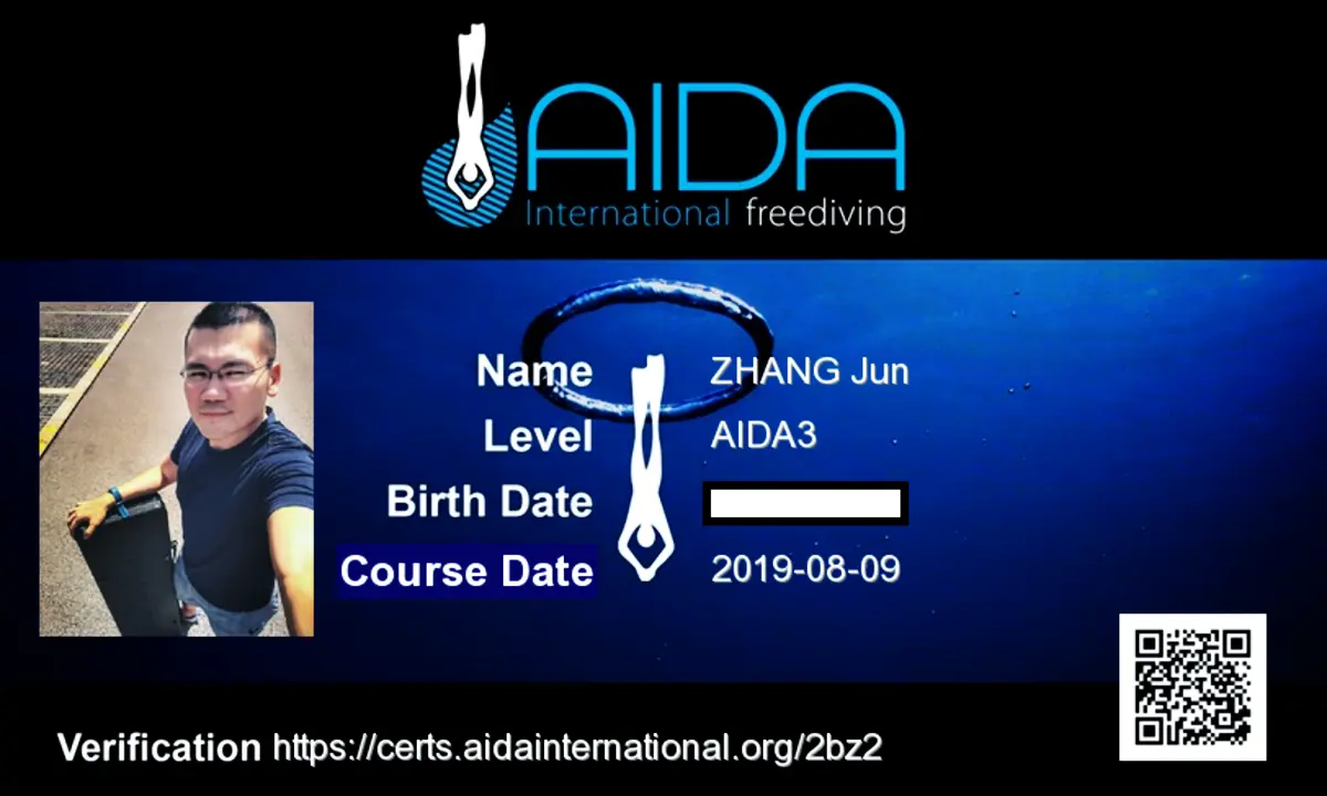 AIDA3 freediving certification card issued to Jun Zhang by AIDA International