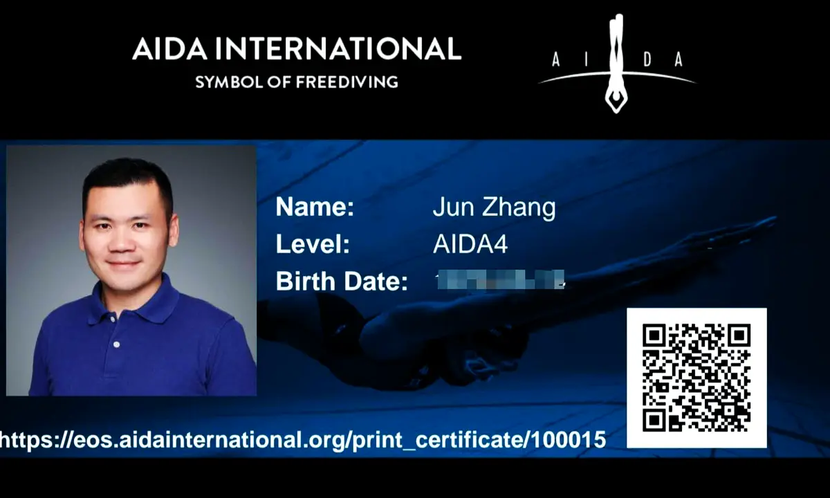 AIDA4 freediving certification card issued to Jun Zhang by AIDA International