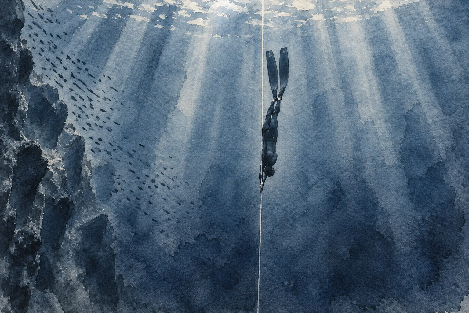 Vertical descent into forty-two meters: Tyndall light rays illuminating deep blue water as the diver glides along the descent line.