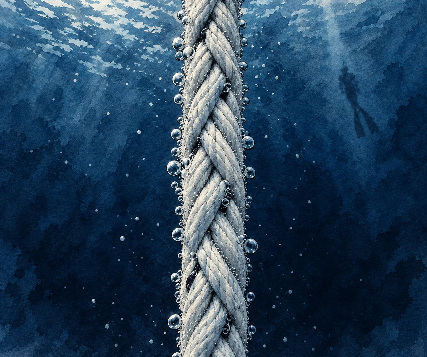Macro vision ten centimeters from the nose: Braided fibers and micro-bubbles on the coarse white rope stream past the field of view.