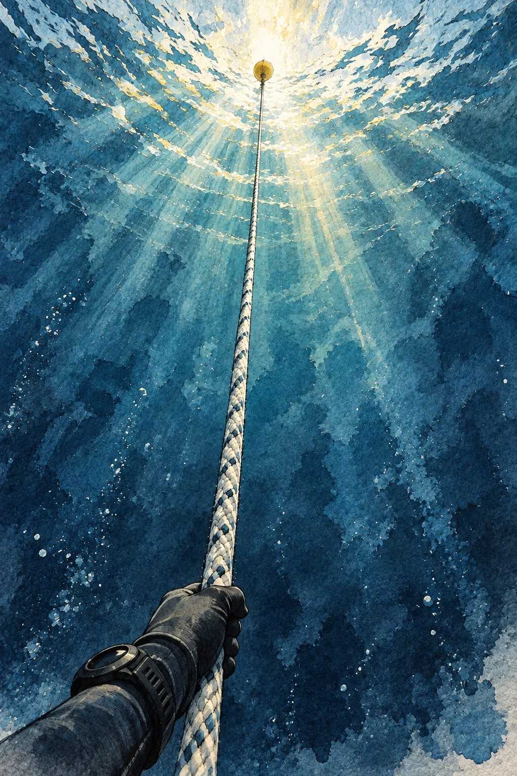 Vertical upward perspective from forty meters down: The descent line pierces straight up toward the distant patch of light and faint yellow buoy.
