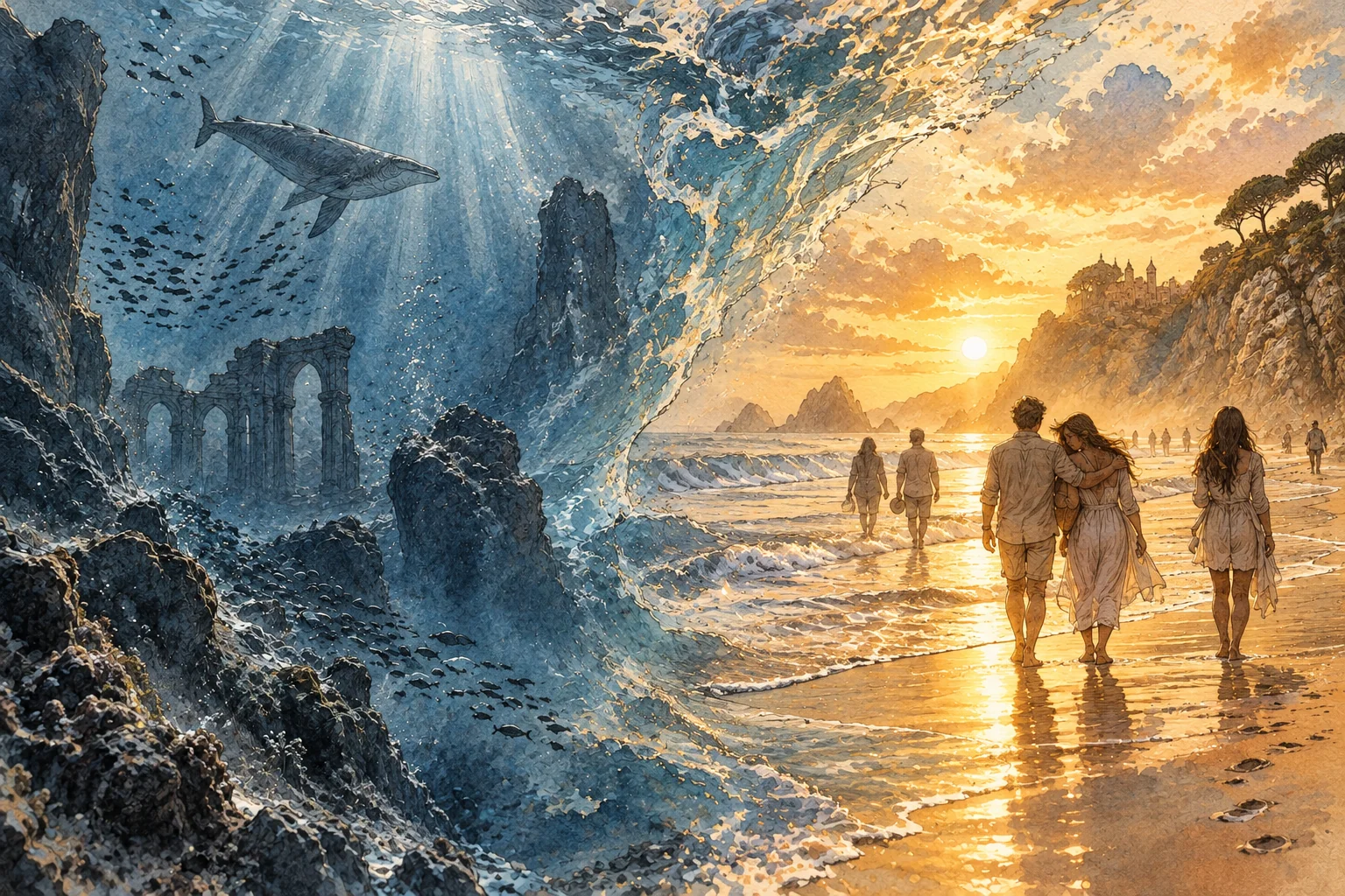 Hallucinatory golden wanderings at the edge of blackout: Deep blue sea abyss dissolves into overflowing amber light, warm sand and distant friends strolling along a serene shore in transcendent bliss.