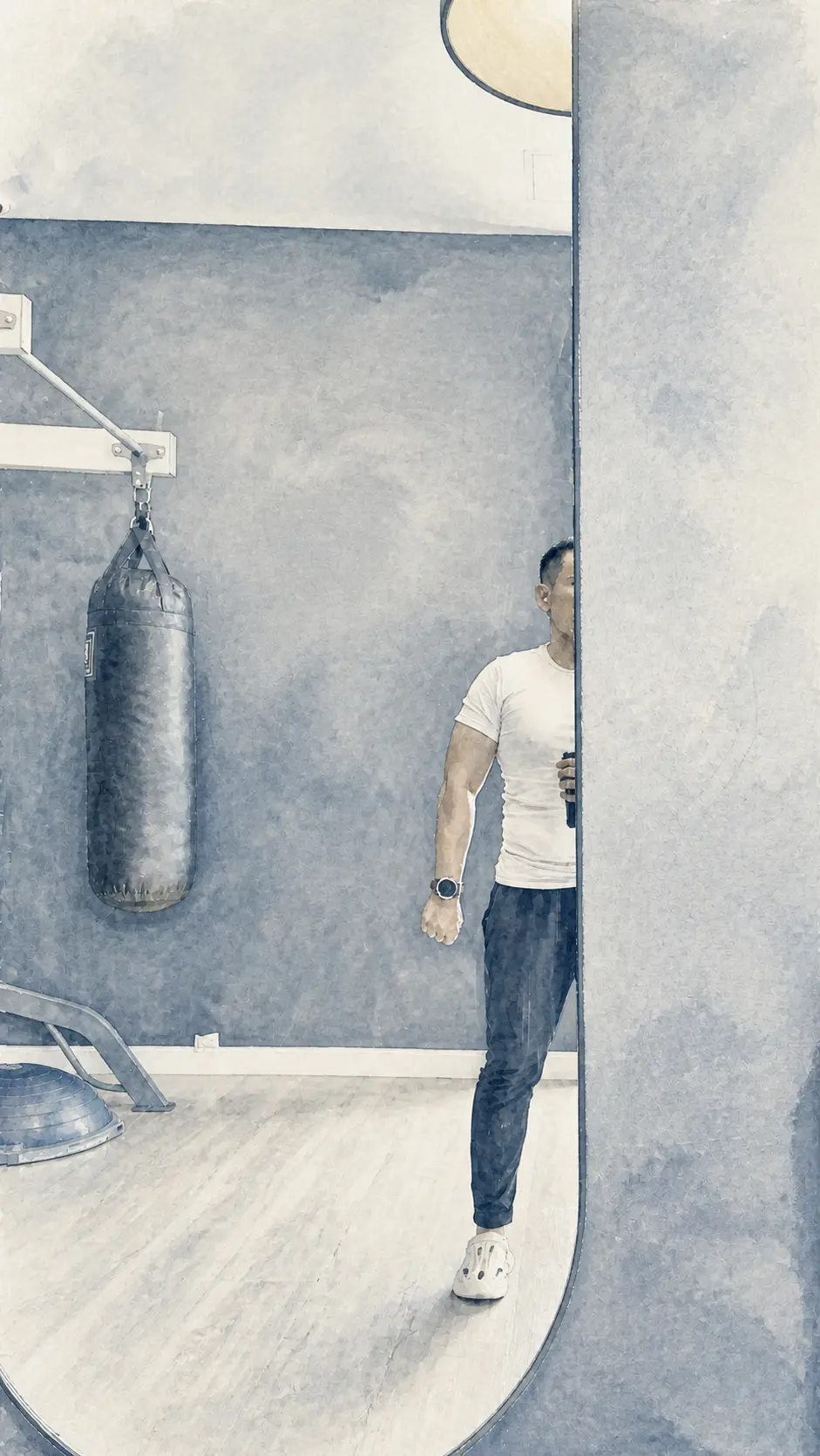 A partial reflection beside a heavy bag in a quiet training room