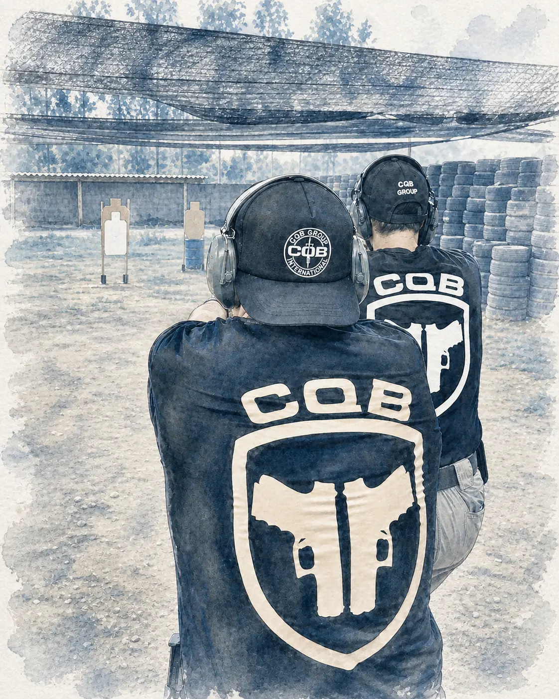 Two trainees wearing hearing protection at an outdoor range