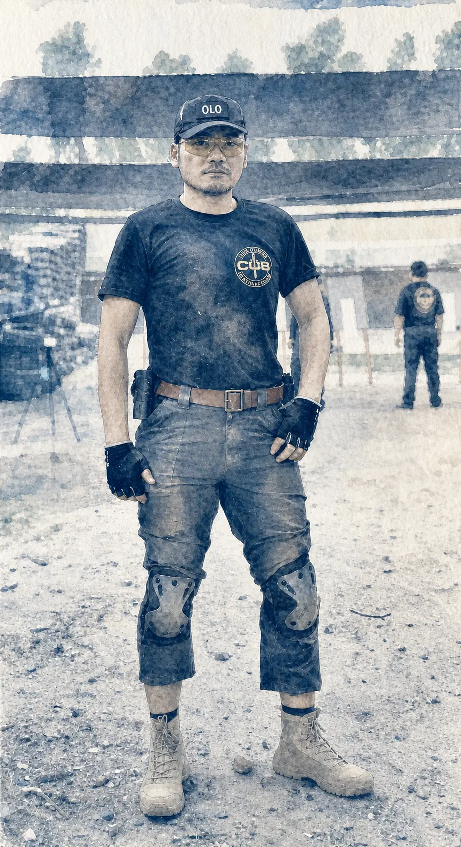 Full-body portrait wearing protective equipment at a supervised training ground