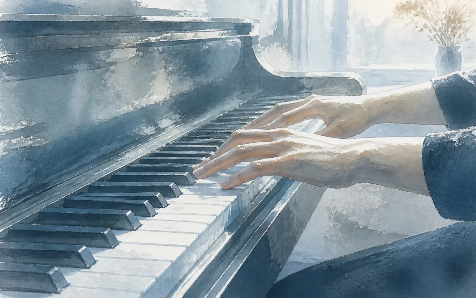 Piano keys and hands in a low-light practice setting